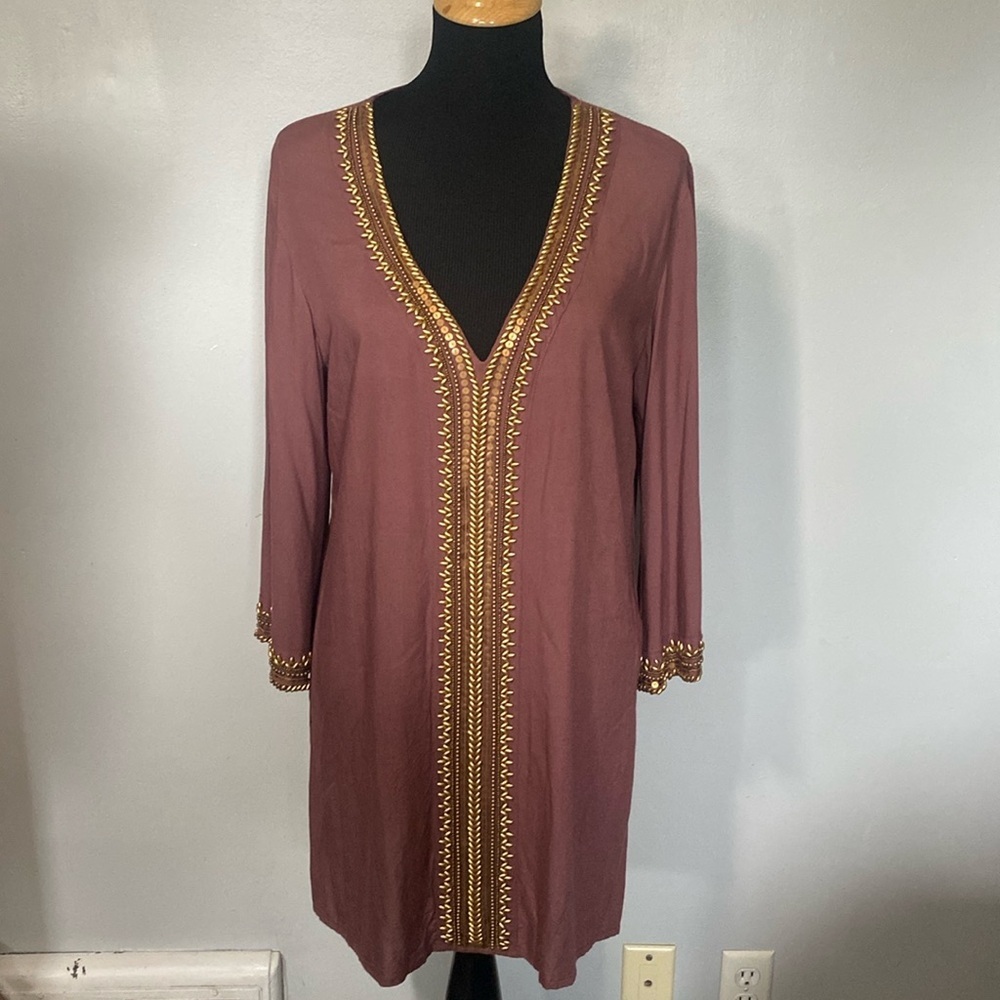 Mira Beaded Caftan Kaftan Dress Cover-Up Medium Plum Color Gold Beads Sequins XL